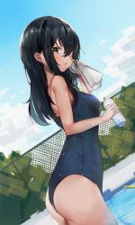 Rule 34 | 1girl, black hair, blue one-piece swimsuit, bottle, cowboy shot, day, dutch angle, fence, from side, highres, holding, holding bottle, kure (kure ng), long hair, looking at viewer, one-piece swimsuit, outdoors, pool, princess connect!, school swimsuit, shiori (princess connect!), solo, swimsuit, towel, water bottle, wet, wiping face, yellow eyes