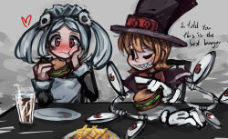 Rule 34 | 2girls, :d, apron, bloody marie (skullgirls), blush, bow, burger, chewing, cola, commentary request, dress, drink, drinking straw, eating, english text, extra eyes, eye socket, food, french fries, glass, gloves, grey background, hair ornament, hat, heart, holding, holding food, looking at another, maid, maid apron, maid headdress, mechanical arms, multiple girls, open mouth, orange hair, peacock (skullgirls), plate, pointing, puffy cheeks, puffy cheeks, ray-k, red eyes, sharp teeth, short hair, silver hair, sitting, skull, skull hair ornament, skullgirls, smile, table, teeth, text focus, top hat, twintails, white gloves