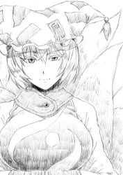 Rule 34 | 1girl, breasts, closed mouth, eyelashes, fox tail, greyscale, hair between eyes, hat, large breasts, looking at viewer, monochrome, multiple tails, nathaniel pennel, short hair, simple background, solo, tail, touhou, upper body, white background, yakumo ran
