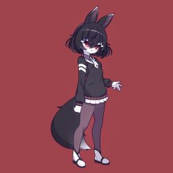 Rule 34 | 1girl, animal ears, black hair, cross (vgne4542), fox ears, fox tail, highres, phase connect, red eyes, short hair, simple background, solo, tail, tenma maemi