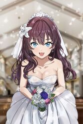 Rule 34 | 1girl, :3, bare shoulders, blue eyes, blue flower, blue rose, blurry, blurry background, bouquet, breasts, bridal veil, brown hair, church, cleavage, dress, earrings, flower, holding, holding bouquet, ichinose shiki, idolmaster, indoors, jewelry, looking at viewer, medium breasts, pew, pink flower, pink rose, procreate (medium), rose, solo, straight-on, veil, wedding dress, white flower, white footwear, white rose, zeniaguan