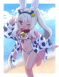 Rule 34 | 1girl, ;d, animal ear fluff, animal ears, animal print, barefoot, beach, bell, bikini, blue sky, blush, cloud, cloudy sky, collar, commentary request, cow print, cow print bikini, day, etrian odyssey, fang, front-tie bikini top, front-tie top, heart, heart-shaped pupils, highres, hood, hood down, hooded jacket, horizon, jacket, long hair, long sleeves, masurao 2 (sekaiju), naga u, navel, neck bell, ocean, one eye closed, open clothes, open jacket, open mouth, ponytail, print bikini, print jacket, puffy long sleeves, puffy sleeves, purple eyes, rabbit ears, red collar, sand, sekaiju no meikyuu, sekaiju no meikyuu 5, side-tie bikini bottom, sky, smile, solo, standing, standing on one leg, swimsuit, symbol-shaped pupils, thick eyebrows, very long hair, water, white hair