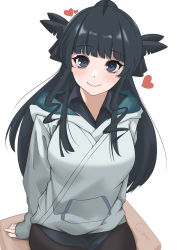 Rule 34 | 1girl, absurdres, artemis of the blue, atelier live, black eyes, black hair, breasts, desk, fins, from above, grey hoodie, heart, highres, hood, hoodie, light blush, long hair, looking up, medium breasts, mole, mole under eye, on desk, ponytail, salveria (luckyshotsss), sitting, on desk, smile, solo, virtual youtuber