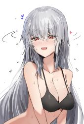 Rule 34 | 1girl, :d, arknights, bare arms, bare shoulders, bikini, black bikini, breasts, cleavage, collarbone, grey background, grey hair, heart, highres, horn/wood, large breasts, long hair, looking at viewer, motion lines, open mouth, red eyes, sharp teeth, simple background, smile, solo, specter (arknights), swimsuit, teeth, upper body, upper teeth only, very long hair, wet