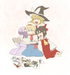 Rule 34 | 4girls, alice margatroid, barefoot, blonde hair, blue eyes, book, brown eyes, brown hair, detached sleeves, dress, female focus, flat color, gradient background, hairband, hakurei reimu, hat, japanese clothes, kirisame marisa, long hair, miko, multiple girls, patchouli knowledge, photo (object), purple eyes, purple hair, skirt, torinone, touhou, white background, witch, witch hat, yellow eyes