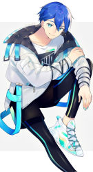 Rule 34 | 1boy, black leggings, black shorts, blue eyes, blue hair, blue nails, character name, closed mouth, collarbone, feet out of frame, fingernails, grey background, hair between eyes, highres, jacket, kaito (vocaloid), knee up, leggings, long sleeves, male focus, nail polish, open clothes, open jacket, shirt, shoes, short shorts, shorts, sitting, smile, sneakers, sogawa, solo, twitter username, two-tone background, vocaloid, white background, white footwear, white jacket, white shirt