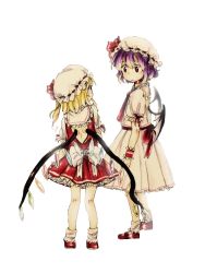 Rule 34 | 2girls, arm ribbon, back cutout, bat wings, blonde hair, bow, choker, clenched hand, clothing cutout, collar, dress, expressionless, eye contact, finger to mouth, flandre scarlet, frilled collar, frilled shirt collar, frills, from behind, hat, hat bow, height difference, looking at another, looking down, looking up, marker (medium), mary janes, mob cap, multiple girls, purple hair, red dress, red eyes, remilia scarlet, ribbon, ribbon-trimmed headwear, ribbon trim, shoes, short hair, short sleeves, siblings, side ponytail, simple background, sisters, socks, touhou, traditional media, umikinoko (umitake), white background, white dress, wings, wrist cuffs