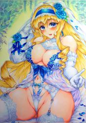 Rule 34 | 1girl, blonde hair, blue eyes, blush, bow, breasts, cecilia alcott, cleavage, dress, drill hair, garter straps, hair bow, highres, infinite stratos, large breasts, legs, navel, sitting, smile, solo, spread legs, thick thighs, thighs, thong, traditional media, wedding dress