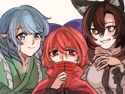 Rule 34 | 3girls, animal ears, brown eyes, brown hair, cloak, closed mouth, commentary request, egg ekaki, fins, grass root youkai network, green kimono, grey eyes, hair between eyes, head fins, highres, imaizumi kagerou, japanese clothes, kimono, long hair, multiple girls, red eyes, sekibanki, simple background, smile, tail, touhou, upper body, wakasagihime, wolf ears, wolf girl, wolf tail