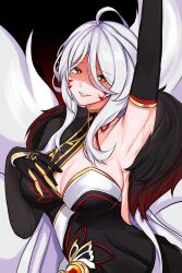 Rule 34 | 1girl, absurdres, ahoge, ara haan, arm up, armpits, black dress, black gloves, breasts, cleavage, commentary, devi (elsword), dress, elbow gloves, elsword, eun (elsword), evil grin, evil smile, facial mark, feather boa, fox girl, fox tail, gloves, grin, hand on own chest, highres, large breasts, lips, long hair, looking at viewer, multiple tails, pink lips, red eyes, shaded face, sindellnwza, smile, solo, sweat, tail, white hair