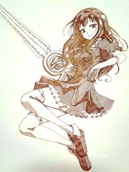 Rule 34 | 1girl, assault lily, breasts, buttons, closed mouth, commentary request, dress, floating, frilled dress, frilled sleeves, frills, full body, gradient background, green background, greyscale with colored background, hands up, hatching (texture), highres, holding, holding sword, holding weapon, kaede johan nouvel, kanoe-ya, legs up, long hair, looking at viewer, medium breasts, monochrome, neck ribbon, official alternate costume, puffy short sleeves, puffy sleeves, ribbon, shoes, short dress, short sleeves, sidelocks, solo, sword, thighhighs, wavy hair, weapon, white background, zettai ryouiki