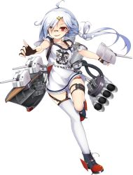 Rule 34 | 1girl, ahoge, azur lane, bandaid, bandaid on face, bandaid on nose, clothes writing, dog tags, downes (azur lane), dress, eyes visible through hair, fang, fingerless gloves, full body, gloves, hair ornament, hairclip, heterochromia, long hair, mole, mole under eye, official art, ootsuki momiji, orange eyes, panties, pantyshot, ponytail, red eyes, red panties, short dress, side ponytail, single thighhigh, smile, solo, standing, standing on one leg, tachi-e, thigh strap, thighhighs, transparent background, underwear, white hair, white thighhighs