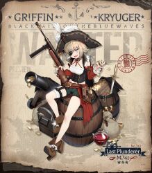 Rule 34 | 1girl, artist request, barrel, bicorne, blonde hair, blue eyes, boots, brown footwear, cannon, character name, coin, commentary, detached sleeves, english commentary, english text, eyepatch, girls&#039; frontline, gold coin, green shorts, gun, hat, highres, holding, holding gun, holding weapon, mp41, mp41 (girls&#039; frontline), mp41 (last plunderer) (girls&#039; frontline), official alternate costume, official art, pirate, pirate costume, pirate hat, sack, short hair, short shorts, shorts, sitting, solo, submachine gun, sword, treasure chest, weapon
