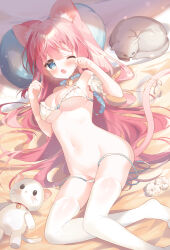 Rule 34 | 1girl, animal ear fluff, animal ears, bare shoulders, bell, blue eyes, blush, bra, breasts, cat, cat ears, cat girl, cat tail, commentary request, feet out of frame, frilled bra, frills, hands up, highres, long hair, looking at viewer, lying, medium breasts, navel, neck bell, no shoes, norn (norncoco), on back, one eye closed, open mouth, original, panties, red hair, side-tie panties, solo, stuffed animal, stuffed cat, stuffed toy, tail, thighhighs, underwear, underwear only, untied panties, very long hair, white bra, white panties, white thighhighs