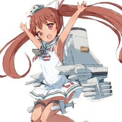 Rule 34 | 1girl, alchera, brown eyes, brown hair, commentary request, cowboy shot, dark-skinned female, dark skin, dress, hat, kantai collection, libeccio (kancolle), long hair, looking at viewer, machinery, mini hat, neckerchief, outstretched arms, sailor collar, sailor dress, sleeveless, smile, solo, striped neckerchief, striped neckwear, tan, twintails, white dress, white sailor collar