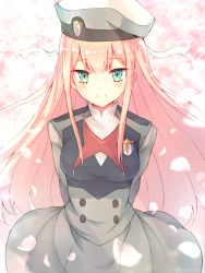 Rule 34 | 10s, 1girl, aqua eyes, arm behind back, bad id, bad pixiv id, beret, cherry blossoms, closed mouth, commentary request, darling in the franxx, hat, long hair, looking at viewer, o hamachi, petals, pink hair, ribbon, smile, solo, twitter username, uniform, white beret, white hat, white ribbon, zero two (darling in the franxx)