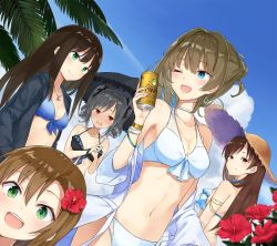 Rule 34 | 10s, 5girls, azuuru (azure0608), bare shoulders, beer can, bikini, black bikini, blue bikini, blue eyes, blush, bow, breasts, brown eyes, brown hair, can, cleavage, cloud, cloudy sky, day, drill hair, drink can, dutch angle, earrings, eyebrows, flower, frilled bikini, frills, from behind, front-tie top, green eyes, green hair, hair between eyes, hair bow, hair flower, hair ornament, hair ribbon, hair up, halterneck, hands in pockets, hat, height difference, hood, hooded jacket, idolmaster, idolmaster cinderella girls, jacket, jewelry, kanzaki ranko, light brown hair, light smile, long hair, looking at another, looking at viewer, medium breasts, midriff, mole, mole under eye, multiple girls, navel, nitta minami, one eye closed, open clothes, open jacket, open mouth, outdoors, red eyes, ribbon, shibuya rin, short hair, simple background, sky, small breasts, smile, stomach, straight hair, straw hat, swimsuit, tada riina, takagaki kaede, twin drills, under umbrella, wavy mouth, white bikini