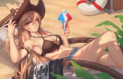 Rule 34 | 1girl, anchor earrings, azur lane, bikini, breasts, brown bikini, brown hair, brown hat, cross-laced bikini, cross-laced clothes, cross-laced top, cup, cutoff jeans, cutoffs, earrings, feet out of frame, flag themed food, food on body, food on breasts, french flag, hair between eyes, hat, highres, holding, holding cup, ice, ice cube, jean bart (azur lane), jean bart (private apres midi) (azur lane), jewelry, lifebuoy, long hair, looking at viewer, lying, medium breasts, official alternate costume, on back, open clothes, open shorts, outdoors, palm leaf, parfait, pirate hat, purple eyes, sand, short shorts, shorts, solo, stormstx, swim ring, swimsuit, very long hair, vichya dominion (emblem)