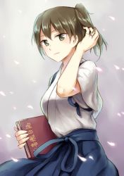 Rule 34 | 1girl, adjusting hair, book, brown eyes, brown hair, cherry blossoms, japanese clothes, jewelry, kaga (kancolle), kantai collection, momijiast, petals, ring, side ponytail, wedding band