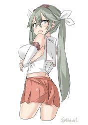 Rule 34 | 10s, 1girl, ass, back, bad id, bad twitter id, bare shoulders, blush, breasts, clothing cutout, cowboy shot, cropped legs, crossed arms, detached sleeves, ebifurya, eyebrows, from side, green eyes, green hair, hair between eyes, hair ribbon, headband, highres, inactive account, isuzu (kancolle), isuzu kai ni (kancolle), kantai collection, large breasts, long hair, long twintails, looking at viewer, matching hair/eyes, midriff, miniskirt, open mouth, pleated skirt, red skirt, ribbon, school uniform, serafuku, side cutout, sideboob, simple background, skirt, solo, twintails, twitter username, white background, white ribbon