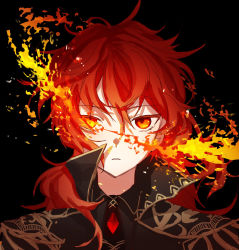 Rule 34 | 1boy, black background, black coat, black shirt, coat, commentary request, diluc (genshin impact), fire, genshin impact, high collar, highres, long hair, looking at viewer, male focus, nagikiho, parted lips, ponytail, portrait, red eyes, red hair, shirt, simple background, solo