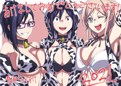Rule 34 | 2021, 3girls, ;d, akeome, animal collar, animal print, arm up, artist name, asymmetrical bangs, bell, bikini, black bikini, black collar, black ribbon, blue eyes, blue hair, breast press, breasts, brown hair, cleavage, collar, commentary request, cow hood, cow print, front-tie bikini top, front-tie top, glasses, grin, happy new year, hitomi-chan wa hitomishiri, hood, hood up, hooded jacket, jacket, large breasts, long hair, medium hair, multiple girls, natsumi chorisuke, neck bell, neck ribbon, new year, off shoulder, one eye closed, open mouth, partial commentary, ponytail, print bikini, print jacket, purple-framed eyewear, purple eyes, ribbon, sharp teeth, short hair, side-by-side, signature, sleeveless, sleeveless jacket, smile, swept bangs, swimsuit, symmetrical docking, takano hitomi, teeth, translated, white bikini, white jacket