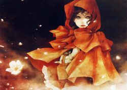 1girl absurdres basket braid brown_eyes brown_hair cape cloak enta_shiho female_focus flower gloves highres hood hooded_cloak huge_filesize long_hair non-web_source original petals solo white_gloves