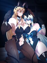 Rule 34 | 2girls, absurdres, animal ears, blonde hair, clothing cutout, barghest (fate), fake animal ears, fate/grand order, fate (series), grimmelkin, highres, leotard, morgan le fay (fate), multiple girls, navel cutout, playboy bunny, white hair