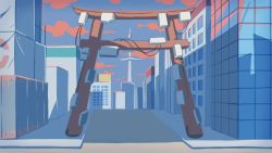 Rule 34 | building, city, cityscape, cloud, construction site, fence, indie utaite, maako (yuuyake.), official art, pavement, power lines, red clouds, road, scaffolding, street, tarpaulin, torii, tower, wooden fence