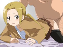 Rule 34 | 1girl, all fours, ass, blonde hair, clothed female nude male, clothes pull, doggystyle, fat, fat man, flat chest, hagimura suzu, nipples, nude, open clothes, open mouth, open shirt, pantyhose, pantyhose pull, seitokai yakuindomo, sex, sex from behind, shirt, solo focus, ta (tama20150125)