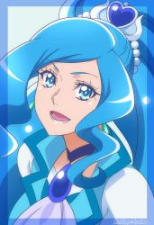 Rule 34 | 1girl, ascot, blue ascot, blue background, blue dress, blue theme, blue vest, brooch, cure fontaine, dress, earrings, eyebrows, forehead, hair ornament, healin&#039; good precure, heart, heart hair ornament, highres, jewelry, long hair, looking at viewer, magical girl, miyabi mt-b, open mouth, pom pom (clothes), pom pom earrings, portrait, precure, puffy short sleeves, puffy sleeves, sawaizumi chiyu, short sleeves, smile, solo, split ponytail, twitter username, upper body, vest