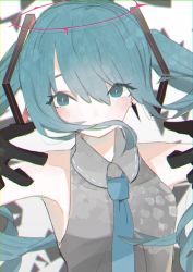 Rule 34 | 1girl, armpits, bare shoulders, black gloves, blue eyes, blue hair, blue necktie, chromatic aberration, closed mouth, collared shirt, dress shirt, elbow gloves, eyes visible through hair, gloves, grey shirt, hair between eyes, halo, hatsune miku, highres, long hair, looking away, necktie, shirt, simple background, sleeveless, sleeveless shirt, smile, solo, turn3341, twintails, upper body, vocaloid