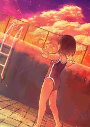 Rule 34 | 1girl, absurdres, barefoot, black hair, cloud, dutch angle, empty pool, fence, from behind, highres, ladder, max07817, one-piece swimsuit, original, outstretched arms, pool, short hair, solo, standing, summer, sunset, swimsuit