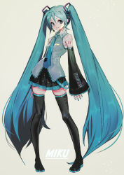 Rule 34 | 1girl, absurdres, aqua eyes, aqua hair, aqua nails, aqua necktie, armpit crease, bad id, bad pixiv id, black footwear, black skirt, black thighhighs, boots, breasts, character name, collared shirt, commentary, contrapposto, derivative work, detached sleeves, earpiece, english commentary, eyelashes, full body, grey background, grey shirt, grin, hair between eyes, hair ornament, hatsune miku, highres, long hair, looking at viewer, medium breasts, miniskirt, nail polish, nanase miri, necktie, pleated skirt, shirt, simple background, skirt, smile, solo, standing, straight hair, symbol-only commentary, thigh boots, thighhighs, tie clip, twintails, very long hair, vocaloid, vocaloid boxart pose, wide sleeves, wing collar, zettai ryouiki
