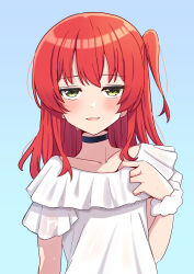 Rule 34 | 1girl, absurdres, ao (flowerclasse), black choker, blue background, blush, bocchi the rock!, choker, collarbone, commentary request, half-closed eyes, hand up, highres, kita ikuyo, long hair, looking at viewer, one side up, parted lips, red hair, scrunchie, shirt, short sleeves, simple background, smile, solo, sweat, upper body, white scrunchie, white shirt, wrist scrunchie, yellow eyes