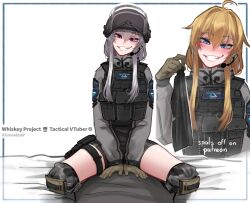 Rule 34 | 1girl, absurdres, ahoge, blonde hair, blue eyes, blush, brown gloves, cowgirl position, english text, gloves, grey hair, grey jacket, grin, hair between eyes, half-closed eyes, helmet, highres, holding clothes, holding shorts, indie virtual youtuber, jacket, long hair, long sleeves, multiple views, popopoka, sitting, smile, straddling, teeth, thigh strap, unworn shorts, whiskey project, white background
