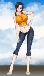 Rule 34 | 1girl, breasts, cloud, cloudy sky, hand on own hip, hand on thigh, high heels, highres, large breasts, lowleg, lowleg pants, midriff, multicolored hair, orange shirt, pants, purple eyes, shirt, sky, sleeveless, sleeveless shirt, solo, stand, supernova (artist), thigh gap, tight clothes, tight shirt