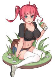 Rule 34 | 1girl, ahoge, alternate costume, azur lane, backpack, bag, black shirt, blue eyes, blue shorts, blush, bottle, breasts, cleavage, collarbone, commentary request, crop top, fertilizer, full body, furrowed brow, grass, highres, holding, holding bottle, impossible clothes, impossible shirt, jinkela, large breasts, liquid, looking away, midriff, navel, open mouth, pouring, pouring onto self, red hair, rock, san diego (azur lane), shirt, shoes, short sleeves, shorts, sidelocks, simple background, sitting, solo, stmast, t-shirt, thighhighs, twintails, wariza, wet, wet clothes, wet shirt, white background, white footwear, white thighhighs