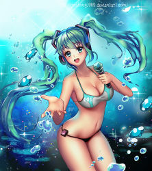 Rule 34 | 1girl, bare shoulders, bikini, blush, breasts, cleavage, female focus, green eyes, green hair, hatsune miku, headphones, large breasts, long hair, looking at viewer, mabong1989, matching hair/eyes, microphone, navel, open mouth, pham thai chau, smile, solo, swimsuit, twintails, vocaloid