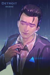 Rule 34 | 1boy, adjusting clothes, adjusting necktie, black hair, character name, connor (detroit), copyright name, detroit: become human, expressionless, closed eyes, hair slicked back, jacket, male focus, necktie, pt., rain, solo, upper body