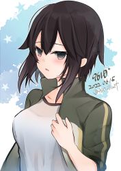 Rule 34 | 1girl, 9610 (kuroto), absurdres, artist name, black hair, blush, breasts, dated, grey eyes, gym shirt, hayasui (kancolle), highres, jacket, kantai collection, large breasts, looking at viewer, medium hair, one-hour drawing challenge, open clothes, open jacket, open mouth, shirt, solo, star (symbol), track jacket, twitter username, upper body, white shirt