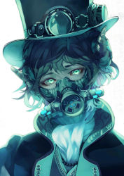 Rule 34 | 1boy, absurdres, ascot, beads, black hair, black hat, covered mouth, cyberpunk, eyelashes, fasna, formal, gas mask, glowing, glowing eyes, green eyes, hat, head tilt, highres, horns, looking at viewer, male focus, mask, original, portrait, simple background, solo, top hat, white background