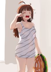 Rule 34 | 1girl, ahoge, arm up, armpits, blunt bangs, blush, breasts, brown hair, closed eyes, collarbone, cowboy shot, dress, highres, holding, holding pillow, idolmaster, idolmaster million live!, indoors, kamille (vcx68), long hair, messy hair, open mouth, pillow, see-through, see-through silhouette, sleeveless, sleeveless dress, small breasts, solo, squeans, strap slip, white dress, wiping face, yawning, yokoyama nao