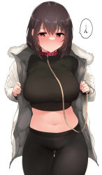 Rule 34 | 1girl, black pantyhose, black shirt, blush, breasts, brown hair, collar, commentary request, fur-trimmed jacket, fur trim, jacket, large breasts, leash, looking at viewer, midriff, navel, original, pantyhose, red collar, red eyes, shirt, short hair, simple background, solo, speech bubble, sweatdrop, terazip, thigh gap, white background, white jacket