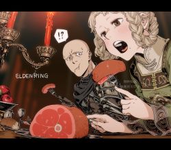 Rule 34 | !?, 1boy, 1girl, apple, armor, bald, blonde hair, braid, bread, brown eyes, candelabra, candle, candlestand, cape, chinese text, cup, eating, elden ring, eyeliner, food, fork, fruit, gloves, grey eyes, kamezaemon, knife, leather, leather armor, leather gloves, makeup, mole, mole under mouth, mug, open mouth, patches (from software), plate, raw meat, rya (elden ring), sweat, table, teeth, throwing knife, tongue, twin braids, upper teeth only, weapon