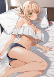Rule 34 | 1girl, :/, absurdres, aegis (takunomi), ass, bare legs, bare shoulders, bed, bed sheet, black panties, blonde hair, blue shorts, blush, box, breasts, camisole, cleavage, closed mouth, commentary request, commission, crop top, crop top overhang, curtains, elf, enjo kouhai, feet out of frame, frilled shirt, frills, green eyes, hair ornament, halterneck, head on pillow, highres, indoors, large breasts, legs, long hair, looking at viewer, lying, navel, off-shoulder shirt, off shoulder, on bed, on side, panties, panty peek, pillow, pointy ears, ponytail, pregnancy test, raised eyebrows, shirt, short shorts, shorts, sidelocks, skeb commission, solo, spaghetti strap, stomach, strap gap, takunomi, tan, underboob, underwear, white shirt
