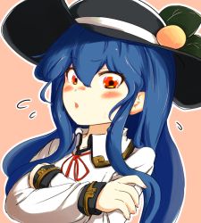 Rule 34 | 1girl, :o, blouse, blue hair, collared shirt, commentary request, crossed arms, food, food on head, fruit, fruit on head, hair between eyes, hand on own arm, hat, hinanawi tenshi, leaf, leaf on head, long hair, long sleeves, looking at viewer, object on head, open mouth, orange background, outline, peach, raised eyebrow, red eyes, red neckwear, red ribbon, ribbon, shirt, sidelocks, simple background, smile, smug, sweatdrop, touhou, uisu (noguchipint), upper body, white shirt, wing collar