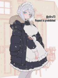 Rule 34 | 1girl, apron, black bow, black bowtie, black jacket, blue eyes, bow, bowtie, breasts, closed mouth, cowboy shot, down jacket, dress, faust (project moon), frilled apron, frilled dress, frills, highres, jacket, jacket on shoulders, large breasts, limbus company, long sleeves, looking at viewer, maid, maid headdress, outdoors, pantyhose, project moon, short hair, snow, solo, white apron, white hair, white pantyhose, winter, y0ru73