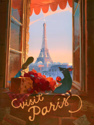 Rule 34 | absurdres, cheese, city, eiffel tower, food, fruit, grapes, highres, knife, mouse (animal), pixiescout, ratatouille, remy (ratatouille), sitting, sky, window