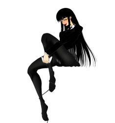 Rule 34 | 1girl, black hair, female protagonist (houkago play), houkago play, long hair, pantyhose, sitting, solo, yellow eyes